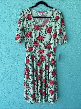 LuLaRoe Nicole Green Floral Midi Dress with Red Roses size Large